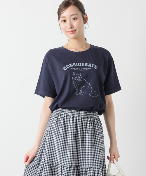 Honeys(ハニーズ)の「【ハニさら・接触冷感・UVカット】アニマルプリントTシャツ(Tシャツ/カットソー・レディース・オートミール/スミクロ/オレンジ/ネイビー・L/LL/M/S)」の17枚目の写真
