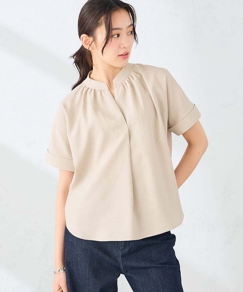 ワフ　リネン　ブラウス　シャツ　ギャザー　トップス 洗える】リネンライクスキッパーギャザーブラウス（シャツ/ブラウス