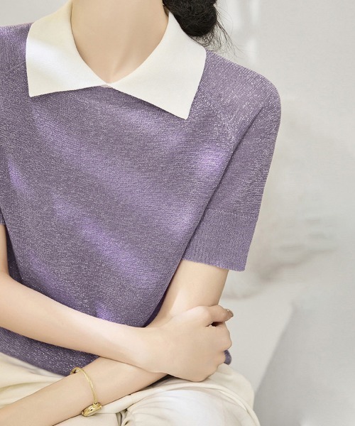 ONEP STAR(ワンピスター)の「配色ポロネック半袖ニットトップス(ニット/セーター・レディース・ターメリック/グリーン/ブルー/ネイビー/パープル・FREE)」の4枚目の写真