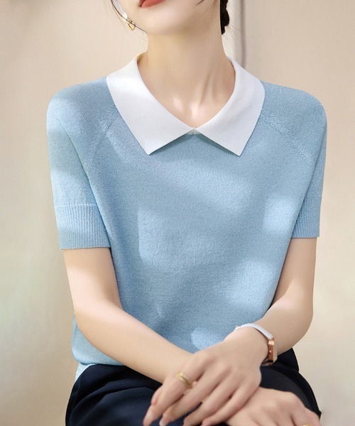 ONEP STAR(ワンピスター)の「配色ポロネック半袖ニットトップス(ニット/セーター・レディース・ターメリック/グリーン/ブルー/ネイビー/パープル・FREE)」の1枚目の写真