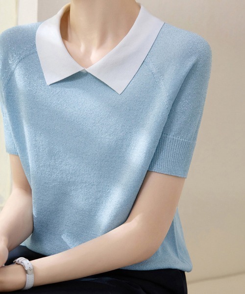 ONEP STAR(ワンピスター)の「配色ポロネック半袖ニットトップス(ニット/セーター・レディース・ターメリック/グリーン/ブルー/ネイビー/パープル・FREE)」の7枚目の写真