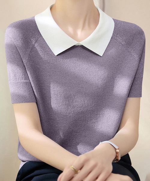 ONEP STAR(ワンピスター)の「配色ポロネック半袖ニットトップス(ニット/セーター・レディース・ターメリック/グリーン/ブルー/ネイビー/パープル・FREE)」の11枚目の写真