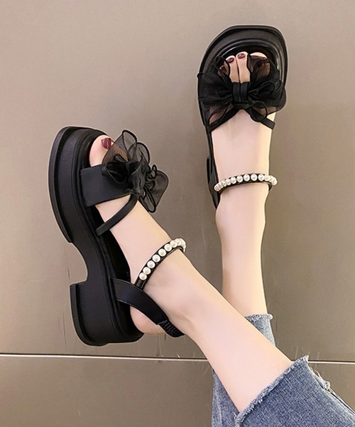 Lace Ladies(レースレディース)の「シアー リボン パール ストラップ 厚底 サンダル(サンダル・レディース・アイボリー/ブラック・25cm/24.5cm/24cm/23.5cm/23cm/22.5cm)」の7枚目の写真