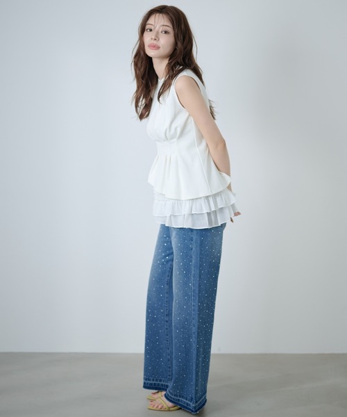 AND COUTURE（アンドクチュール）の「ラインストーンフレアデニムパンツ（デニムパンツ・レディース・ブラック/ブルー・SMALL/MEDIUM）」の8枚目の写真