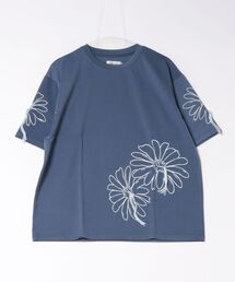 /ATELANE/ストレッチポンチ フラワープリント、ハンドステッチ、S/S Tee