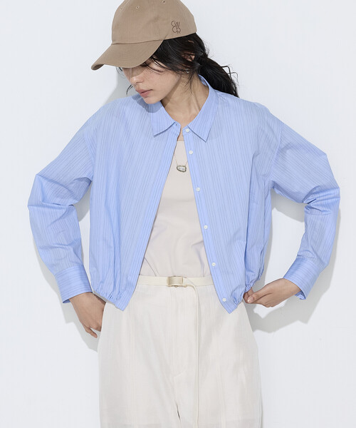 COMME CA(コムサ)の「〔 TALLサイズ 〕 コットンナイロンストライプ クロップドシャツ(シャツ/ブラウス・レディース・ホワイト系その他/サックスブルー・15号)」の1枚目の写真