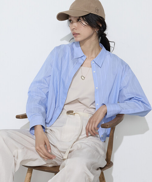 COMME CA(コムサ)の「〔 TALLサイズ 〕 コットンナイロンストライプ クロップドシャツ(シャツ/ブラウス・レディース・ホワイト系その他/サックスブルー・15号)」の6枚目の写真