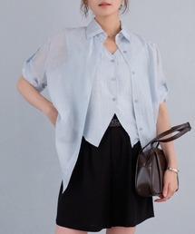 レイヤード風シアー半袖ロールアップシャツ