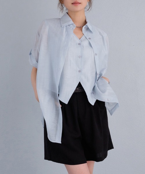 murea(ミュレア)の「レイヤード風シアー半袖ロールアップシャツ(シャツ/ブラウス・レディース・ブルー/ブラック/モカ/ホワイト・FREE)」の20枚目の写真