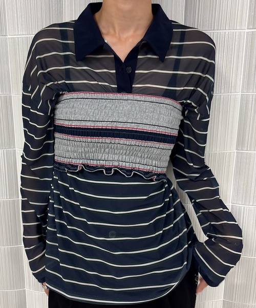 Ameri(アメリ)の「SHEER POLO & BARE SET TOP(Tシャツ/カットソー・レディース・ネイビー/ブラウン・FREE)」の2枚目の写真