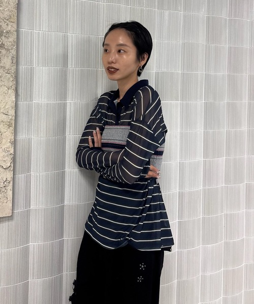 Ameri(アメリ)の「SHEER POLO & BARE SET TOP(Tシャツ/カットソー・レディース・ネイビー/ブラウン・FREE)」の9枚目の写真