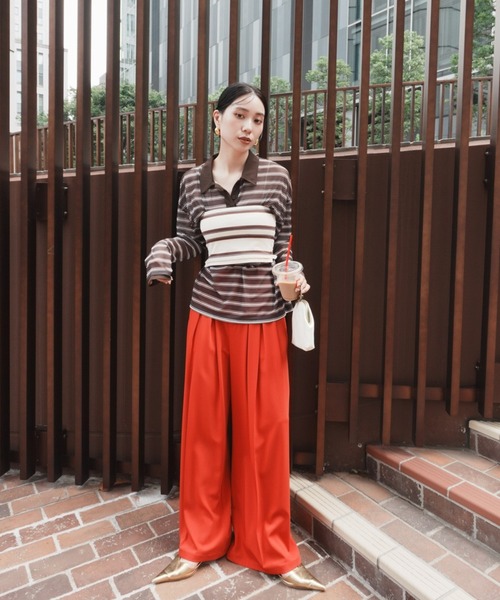 Ameri(アメリ)の「SHEER POLO & BARE SET TOP(Tシャツ/カットソー・レディース・ネイビー/ブラウン・FREE)」の3枚目の写真