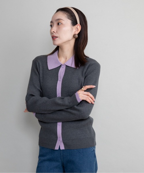 lodie（ロディ）の「襟付バイカラーニットカーデ（カーディガン/ボレロ・レディース・チャコールグレー/ブラック/グレー・FREE）」の2枚目の写真