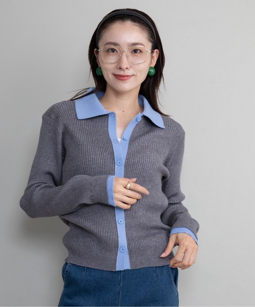 lodie（ロディ）の「襟付バイカラーニットカーデ（カーディガン/ボレロ・レディース・チャコールグレー/ブラック/グレー・FREE）」の4枚目の写真
