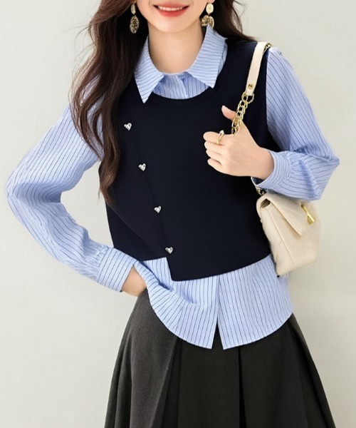 AMAJI(アマジ)の「ストライプ柄切替 ポロカラー シャツ(シャツ/ブラウス・レディース・ネイビー・SMALL/MEDIUM/LARGE/X-LARGE)」の2枚目の写真