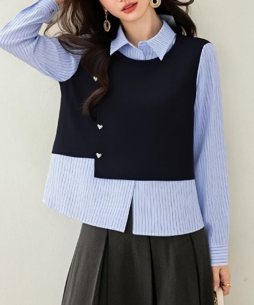 AMAJI(アマジ)の「ストライプ柄切替 ポロカラー シャツ(シャツ/ブラウス・レディース・ネイビー・SMALL/MEDIUM/LARGE/X-LARGE)」の3枚目の写真