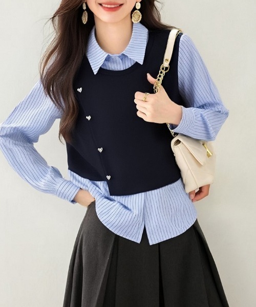 AMAJI(アマジ)の「ストライプ柄切替 ポロカラー シャツ(シャツ/ブラウス・レディース・ネイビー・SMALL/MEDIUM/LARGE/X-LARGE)」の4枚目の写真