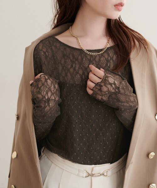 natural couture(ナチュラルクチュール)の「チュールドットリバーシブルレース(Tシャツ/カットソー・レディース・サックスブルー/チャコールグレー/ブラウン/アイボリー/ライトベージュ・FREE)」の3枚目の写真
