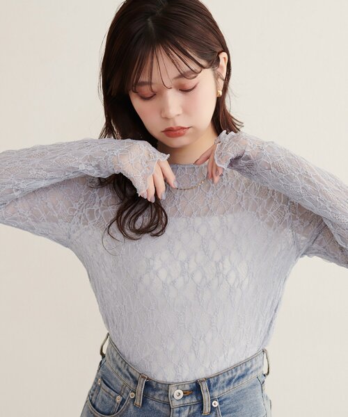 natural couture(ナチュラルクチュール)の「チュールドットリバーシブルレース(Tシャツ/カットソー・レディース・サックスブルー/チャコールグレー/ブラウン/アイボリー/ライトベージュ・FREE)」の10枚目の写真
