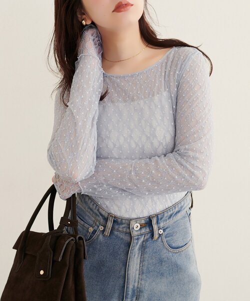 natural couture(ナチュラルクチュール)の「チュールドットリバーシブルレース(Tシャツ/カットソー・レディース・サックスブルー/チャコールグレー/ブラウン/アイボリー/ライトベージュ・FREE)」の11枚目の写真