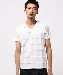 Tシャツ Vネック ピンタック ブロックチェック 半袖カットソー