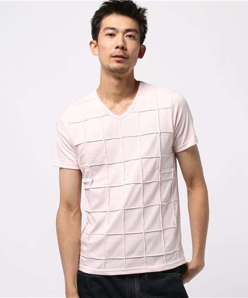 ROOPTOKYO(ループトウキョウ)の「Tシャツ Vネック ピンタック ブロックチェック 半袖カットソー(Tシャツ/カットソー・メンズ・ヘザ-グレー/オフホワイト/ネイビー/ピンク/ブラック/カーキ/ワイン・L/M)」の6枚目の写真