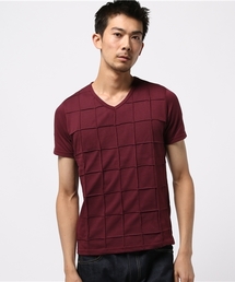 Tシャツ Vネック ピンタック ブロックチェック 半袖カットソー