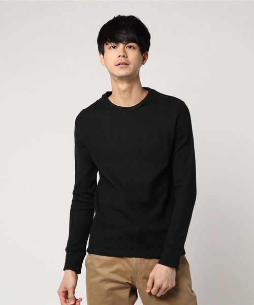 MinoriTY(マイノリティ)の「メンズ長袖ワッフル胸ポケット付きロンT(Tシャツ/カットソー・メンズ・ブラック/ベージュ/オフホワイト/カーキ/ピンク/杢グレー/ネイビー・M/L/XL)」の3枚目の写真