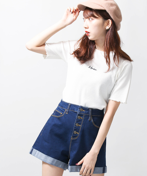 WEGO（ウィゴー）の「WEGO/ハイライズボタンフライステッチショーツ（デニムパンツ・レディース・ダークインディゴブルー/その他1/インディゴブルー/ブルー系その他/ブラック・LARGE/SMALL/MEDIUM）」の3枚目の写真