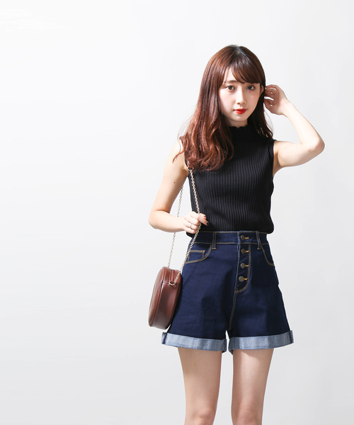 WEGO（ウィゴー）の「WEGO/ハイライズボタンフライステッチショーツ（デニムパンツ・レディース・ダークインディゴブルー/その他1/インディゴブルー/ブルー系その他/ブラック・LARGE/SMALL/MEDIUM）」の14枚目の写真