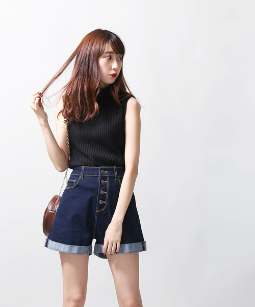 WEGO（ウィゴー）の「WEGO/ハイライズボタンフライステッチショーツ（デニムパンツ・レディース・ダークインディゴブルー/その他1/インディゴブルー/ブルー系その他/ブラック・LARGE/SMALL/MEDIUM）」の15枚目の写真