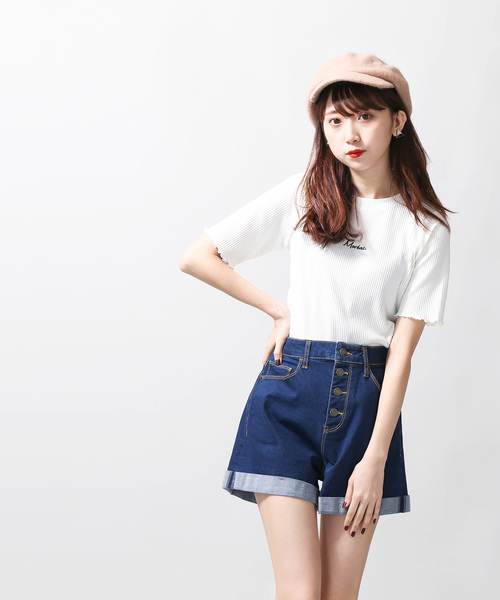 WEGO（ウィゴー）の「WEGO/ハイライズボタンフライステッチショーツ（デニムパンツ・レディース・ダークインディゴブルー/その他1/インディゴブルー/ブルー系その他/ブラック・LARGE/SMALL/MEDIUM）」の13枚目の写真