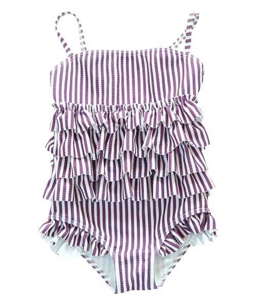 TeddyShop(テディショップ)の「キッズ水着 ストライプ柄ティアードバックフリルオールインワンワンピーススイムウェア(水着・キッズ・パープル/ブラウン/ピンク/ブルー・90cm/130cm/100cm/110cm/120cm)」の13枚目の写真