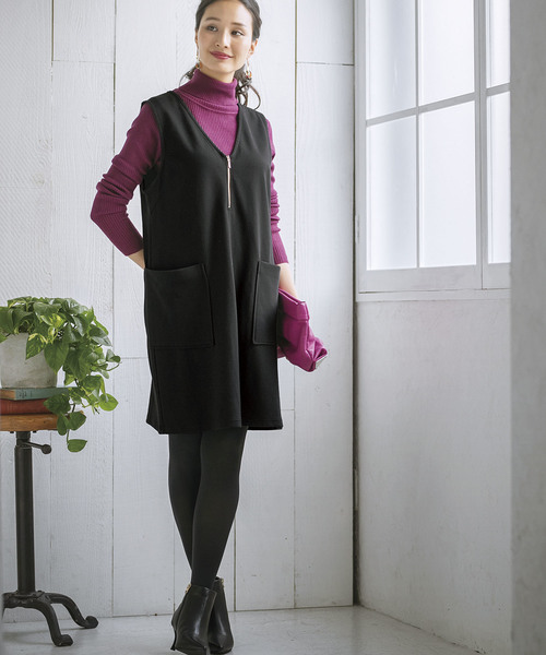 BELLUNA（ベルーナ）の「ニットカルゼ素材ジャンパードレス（ジャンパースカート・レディース・チャコールグレー/ブラック/カーキ・MEDIUM/LARGE/X-LARGE/XX-LARGE/XXX-LARGE/XXXX-LARGE）」の9枚目の写真