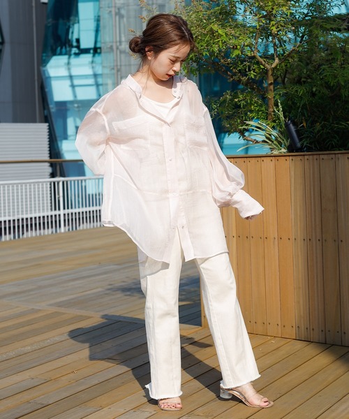 Chico（チコ）の「箔プリントシアーブロッキングシャツ/オーガンジーシャツ（シャツ/ブラウス・レディース・ベビーピンク/オレンジ/ブラウン・FREE）」の6枚目の写真