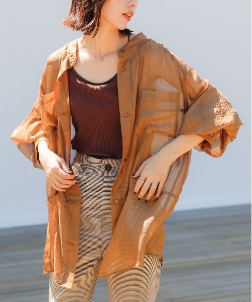 Chico（チコ）の「箔プリントシアーブロッキングシャツ/オーガンジーシャツ（シャツ/ブラウス・レディース・ベビーピンク/オレンジ/ブラウン・FREE）」の21枚目の写真