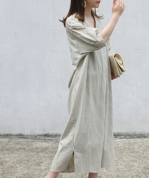 LAVEANGE（ラビアンジェ）の「リネンライク コットン ストライプワンピース（ワンピース・レディース・ベージュ/ネイビー/オフホワイト/ブルー/ブラック/チャコールグレー・LL/3L/4L/5L/M/L）」の16枚目の写真