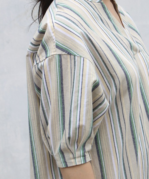 LAVEANGE（ラビアンジェ）の「リネンライク コットン ストライプワンピース（ワンピース・レディース・ベージュ/ネイビー/オフホワイト/ブルー/ブラック/チャコールグレー・LL/3L/4L/5L/M/L）」の12枚目の写真