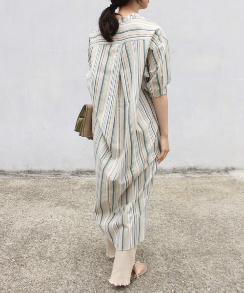 BEIGE ベイジ　リネンストライプワンピース　麻 LAVEANGE（ラビアンジェ）の「リネンライク コットン ストライプ