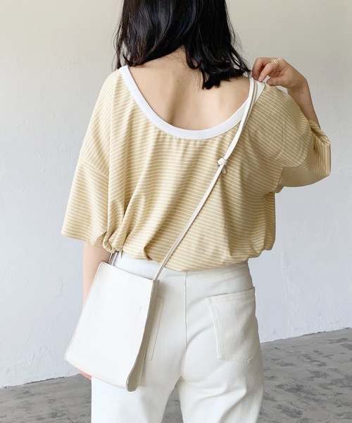 LIAN（リアン）の「バックオープンボーダーTシャツ（Tシャツ/カットソー・レディース・グリーン/オフホワイト/イエロー/ブラック・FREE）」の4枚目の写真