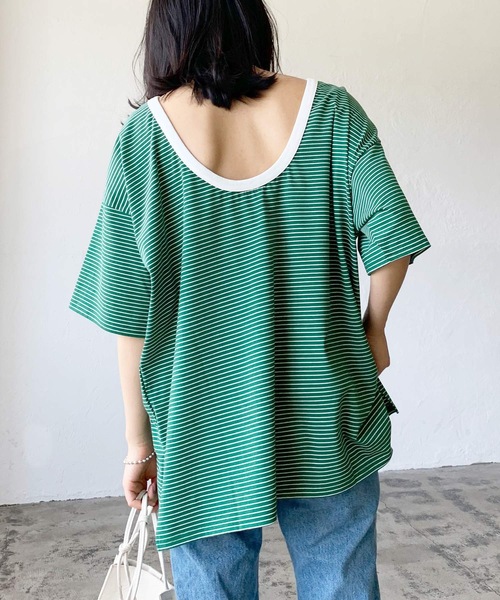 LIAN（リアン）の「バックオープンボーダーTシャツ（Tシャツ/カットソー・レディース・グリーン/オフホワイト/イエロー/ブラック・FREE）」の3枚目の写真