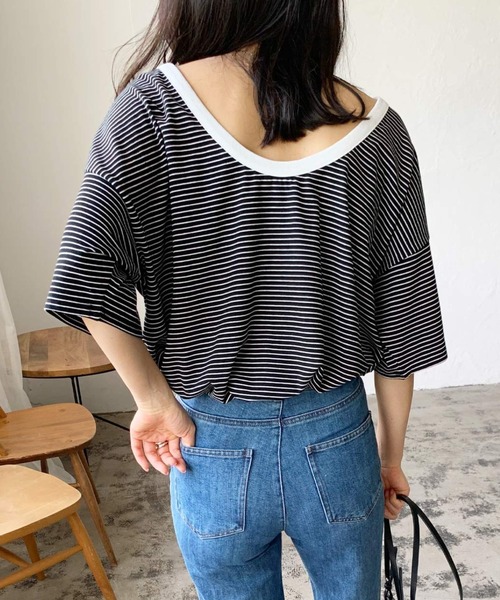 LIAN（リアン）の「バックオープンボーダーTシャツ（Tシャツ/カットソー・レディース・グリーン/オフホワイト/イエロー/ブラック・FREE）」の2枚目の写真