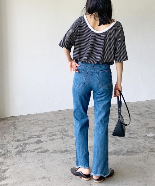 LIAN（リアン）の「バックオープンボーダーTシャツ（Tシャツ/カットソー・レディース・グリーン/オフホワイト/イエロー/ブラック・FREE）」の9枚目の写真