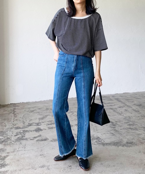 LIAN（リアン）の「バックオープンボーダーTシャツ（Tシャツ/カットソー・レディース・グリーン/オフホワイト/イエロー/ブラック・FREE）」の10枚目の写真