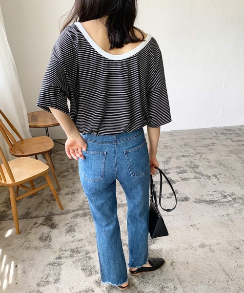 LIAN（リアン）の「バックオープンボーダーTシャツ（Tシャツ/カットソー・レディース・グリーン/オフホワイト/イエロー/ブラック・FREE）」の11枚目の写真