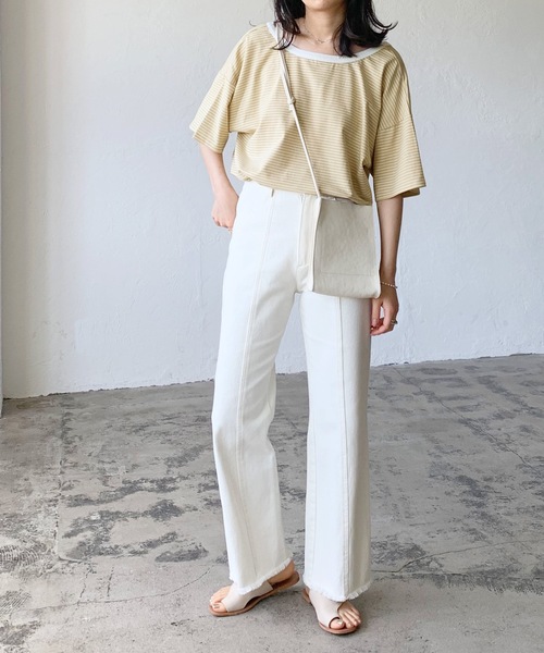 LIAN（リアン）の「バックオープンボーダーTシャツ（Tシャツ/カットソー・レディース・グリーン/オフホワイト/イエロー/ブラック・FREE）」の13枚目の写真