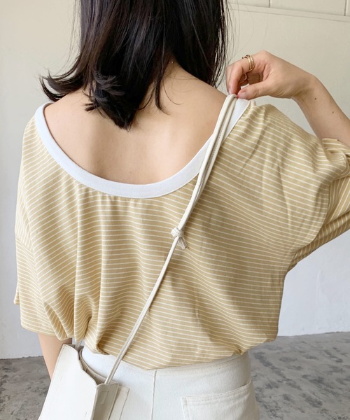 LIAN（リアン）の「バックオープンボーダーTシャツ（Tシャツ/カットソー・レディース・グリーン/オフホワイト/イエロー/ブラック・FREE）」の16枚目の写真