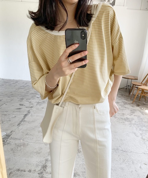 LIAN（リアン）の「バックオープンボーダーTシャツ（Tシャツ/カットソー・レディース・グリーン/オフホワイト/イエロー/ブラック・FREE）」の17枚目の写真