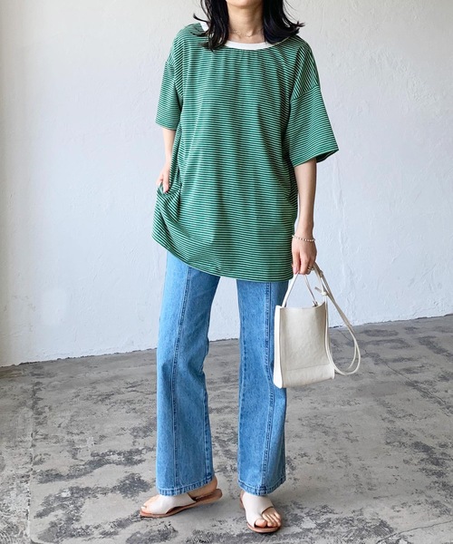 LIAN（リアン）の「バックオープンボーダーTシャツ（Tシャツ/カットソー・レディース・グリーン/オフホワイト/イエロー/ブラック・FREE）」の18枚目の写真