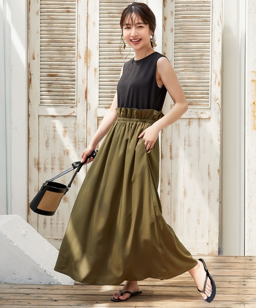 KOBE LETTUCE（コウベレタス）の「ウエストギャザーフレアワンピース（ワンピース・レディース・ブラック×カーキ/ベージュ系その他/ブラック×ブラック・FREE）」の2枚目の写真